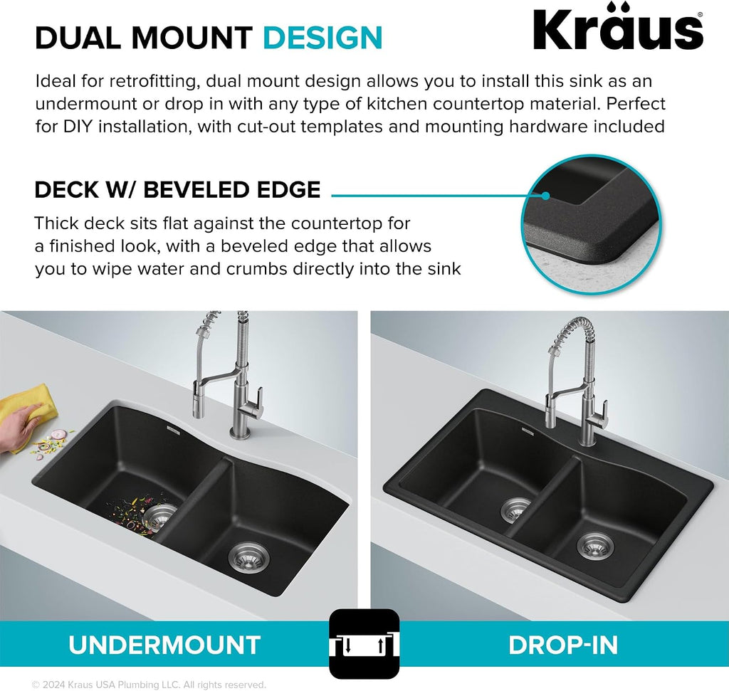 KRAUS Forteza 33-inch Drop in/Undermount 50/50 Double Bowl Granite Kitchen Sink in Black, KGD-52BLACK