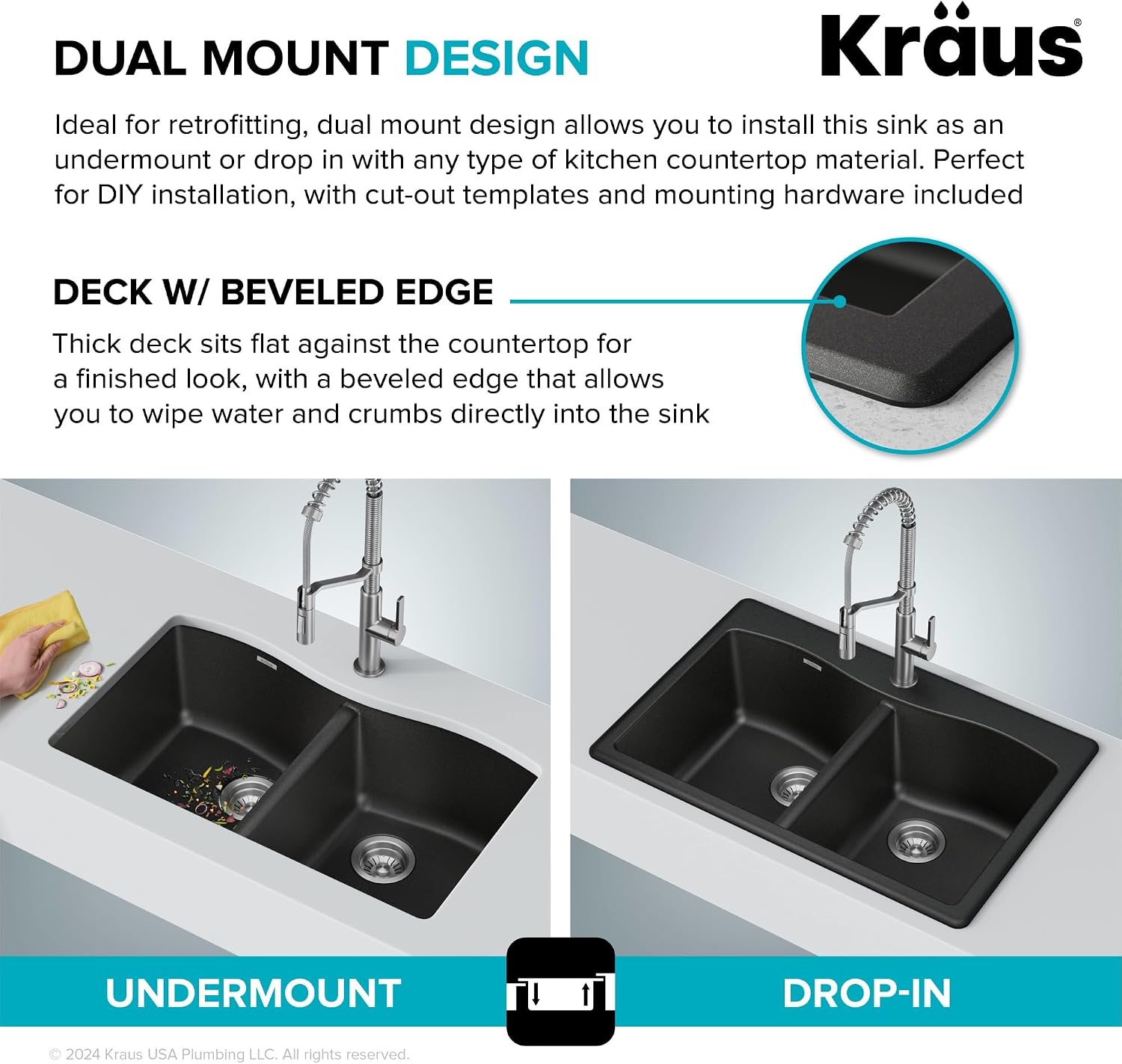 KRAUS Forteza 33-inch Drop in/Undermount 50/50 Double Bowl Granite Kitchen Sink in Black, KGD-52BLACK