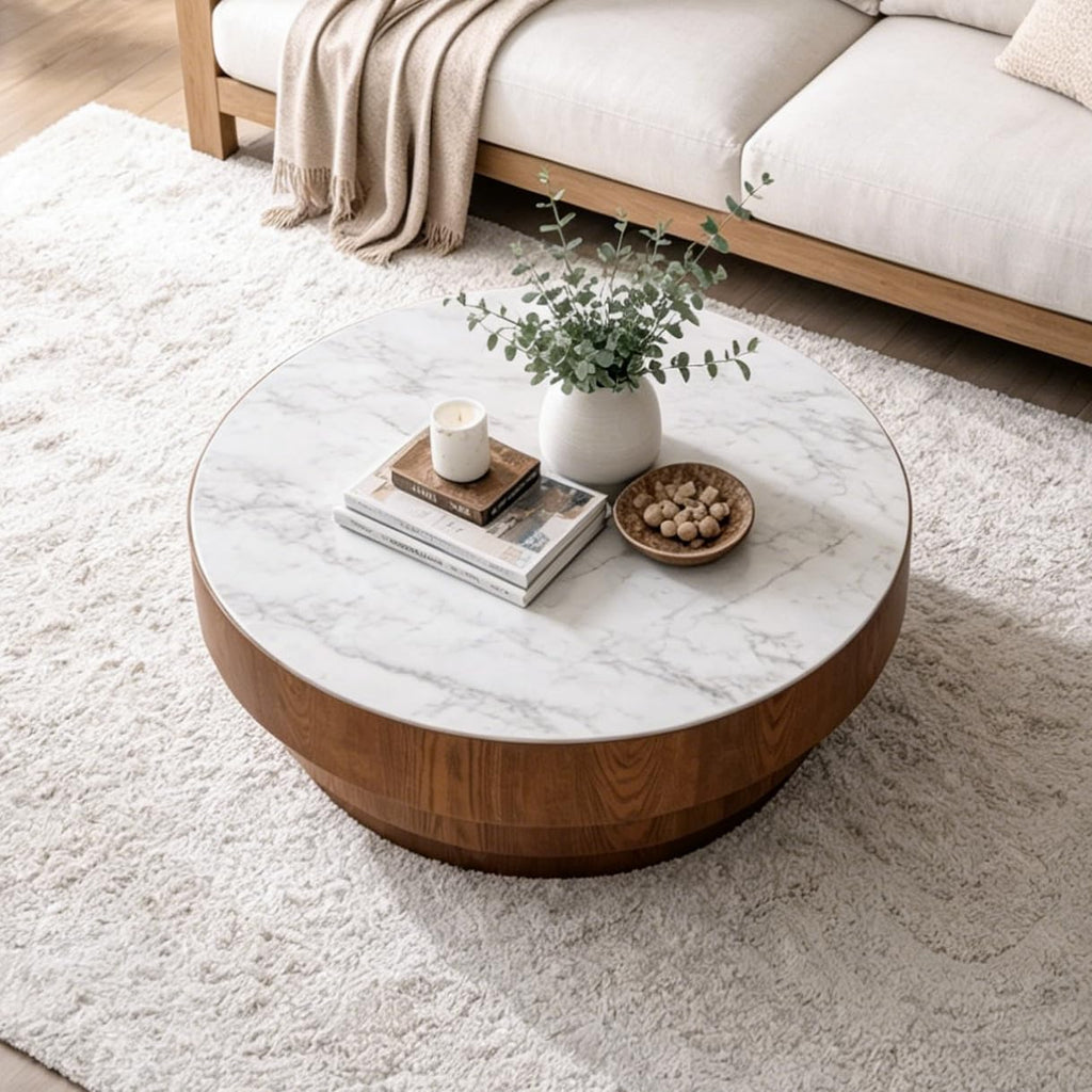 31.5' White Round Coffee Table, Round Coffee Table with Sintered Stone Tabletop and MDF with Wood Veneer Tiered Base, Modern Low Profile Circle Cocktail Tea Table for Living Room