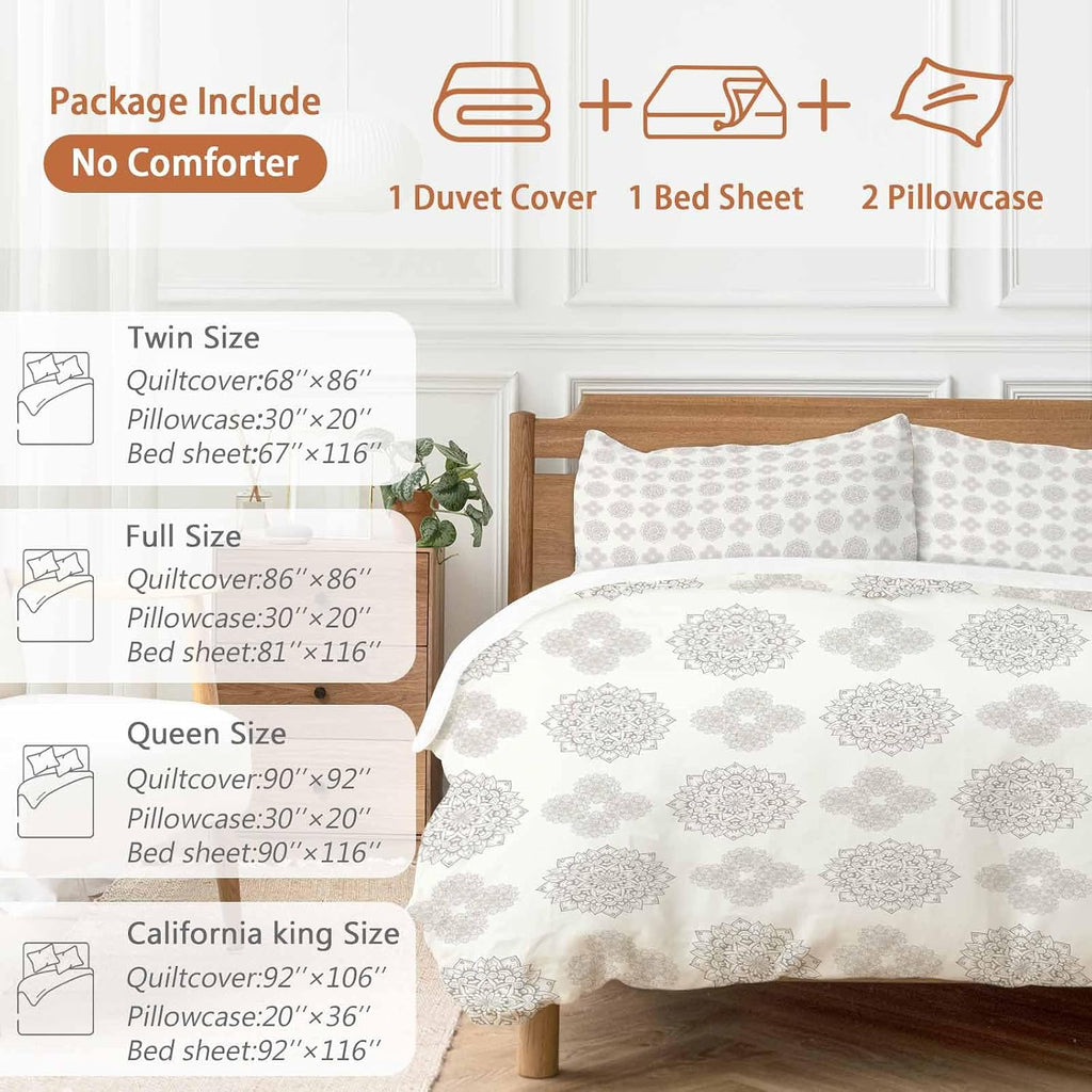 Grey Boho Flower Duvet Cover Set Queen Size 4 Pieces Abstract Bosemia Geometric Graphic Rustic Country Bedding Set with Zipper Closure, 1 Comforter Cover 92x106 Inches 1 Flat Sheet & 2 Pillow Cases