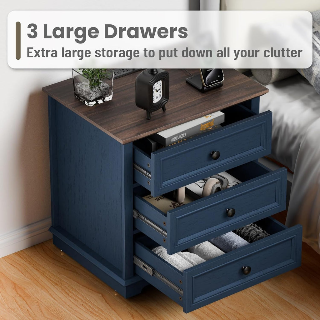 Nightstand with Charging Station Set, 24' Wide End Table with 3 Drawers Set of 2, Modern Bedside Table with Storage, Wood Small Dresser for Bedroom Room (Blue)