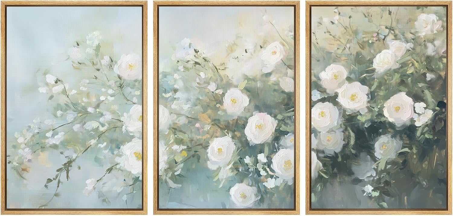 SIGNWIN Framed Canvas Print Wall Art Soft White Rose Floral Delicate Blooming Flowers Illustrations Modern Bohemian Scenic Ultra for Living Room, Bedroom, Office - 24'x36'x3 Natural