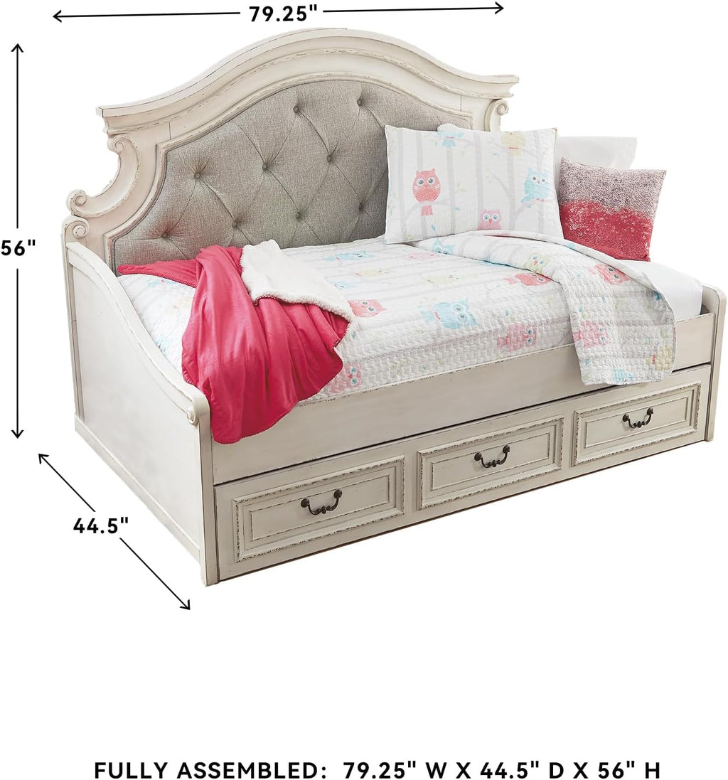 Signature Design by Ashley Realyn Traditional Upholstered Tufted Twin Platform Daybed with 1 Large Drawer, Foundation or Box Spring Not Needed, White & Beige