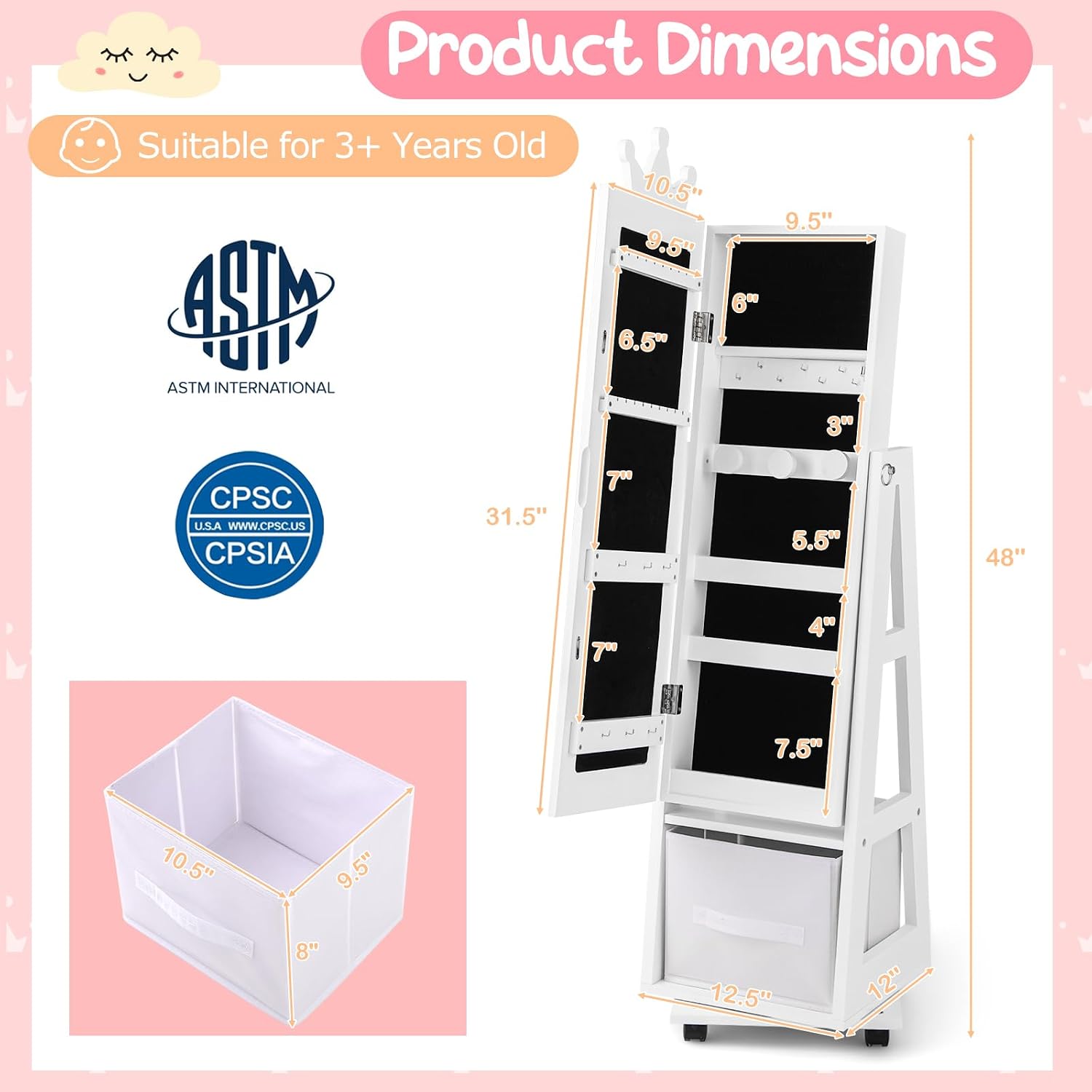 Costzon Kids Vanity & Jewelry Armoire Cabinet, Kids Vanity Table and Chair Set, 360° Swivel Standing Jewelry Organizer with Full-Length Mirror & Wheels, Kids Bedroom Furniture Set for Girls (White)