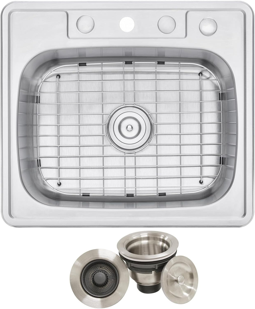 CozyBlock 25 x 22 x 9 Inch Top-mount/Drop-in Stainless Steel Single Bowl Kitchen Sink with Strainer and Protective Bottom Grid- 18 Gauge Stainless Steel-4 Faucet Hole