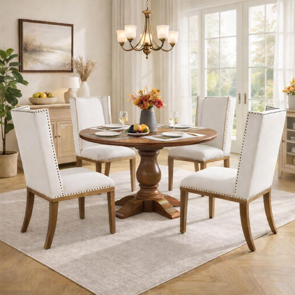 High Back Upholstered Dining Chairs Set of 4, Parsons Fabric Dining Room Chairs with Solid Wood Legs and Nailhead Trim, Farmhouse Wingback Side Chair for Kitchen/Dining Room, Beige