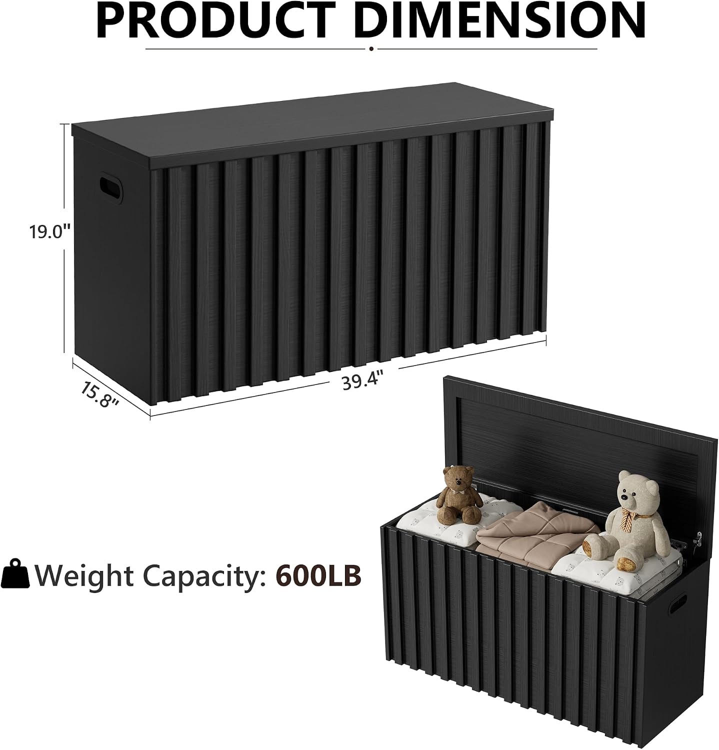 UEV Black Storage Bench Set of 2, 39.4' Fluted Wood Storage Trunk with 2 Safety Hinges, Sturdy Storage Chest, Storage Bench for Bedroom,Entryway, Living Room