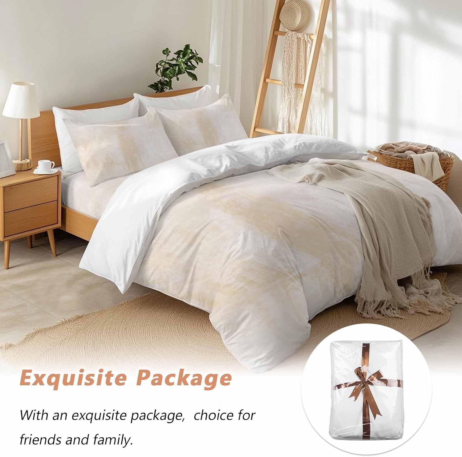 Light Beige Gradient Duvet Cover Set Queen Size 4 Pieces Modern Abstract Oil Painting Minimalist Bedding Set with Zipper Closure, 1 Comforter Cover 92x106 Inches 1 Flat Sheet & 2 Pillow Cases