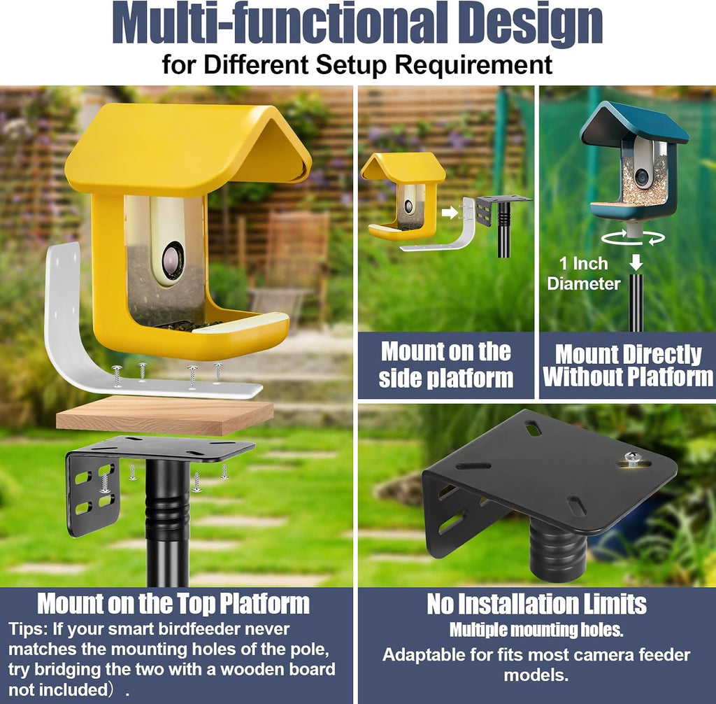 Gtongoko Squirrel Proof Smart Bird Feeder Pole for Outdoors 107 Inch 1 Inch Diameter Bluebird House Pole with 2 Platform and 8 Hooks for Bird Feeder with Camera Adjustable Heavy Duty Mounting Pole