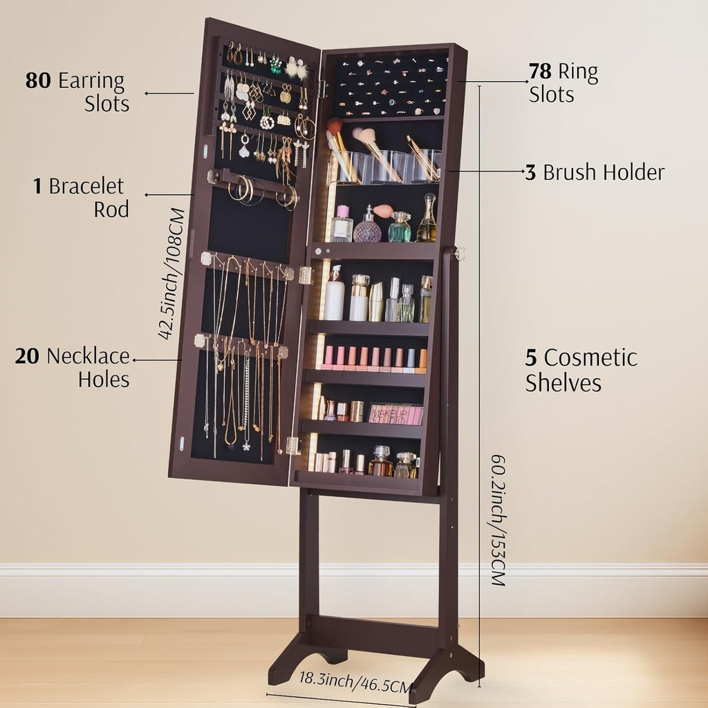 BTEXPERT Large Storage Jewelry Organizer with Frameless Mirror Free Standing Jewelry Armoire Cabinet (Brown)