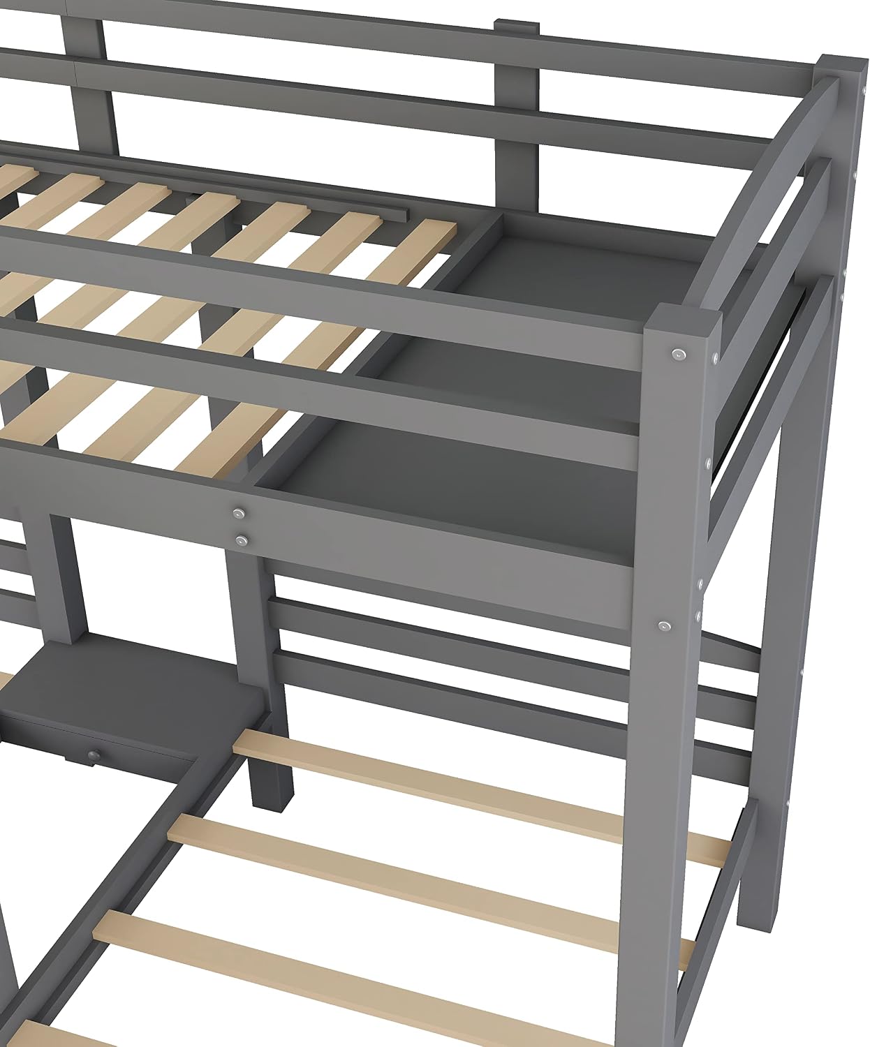 VilroCaz Twin Size Triple Bunk Bed with Built-in Staircase and Storage Drawer, Solid Wood Bunk Bed Frame with Safety Full-Length Guardrail for 3, Bedroom Guest Room Home Furniture (Gray)