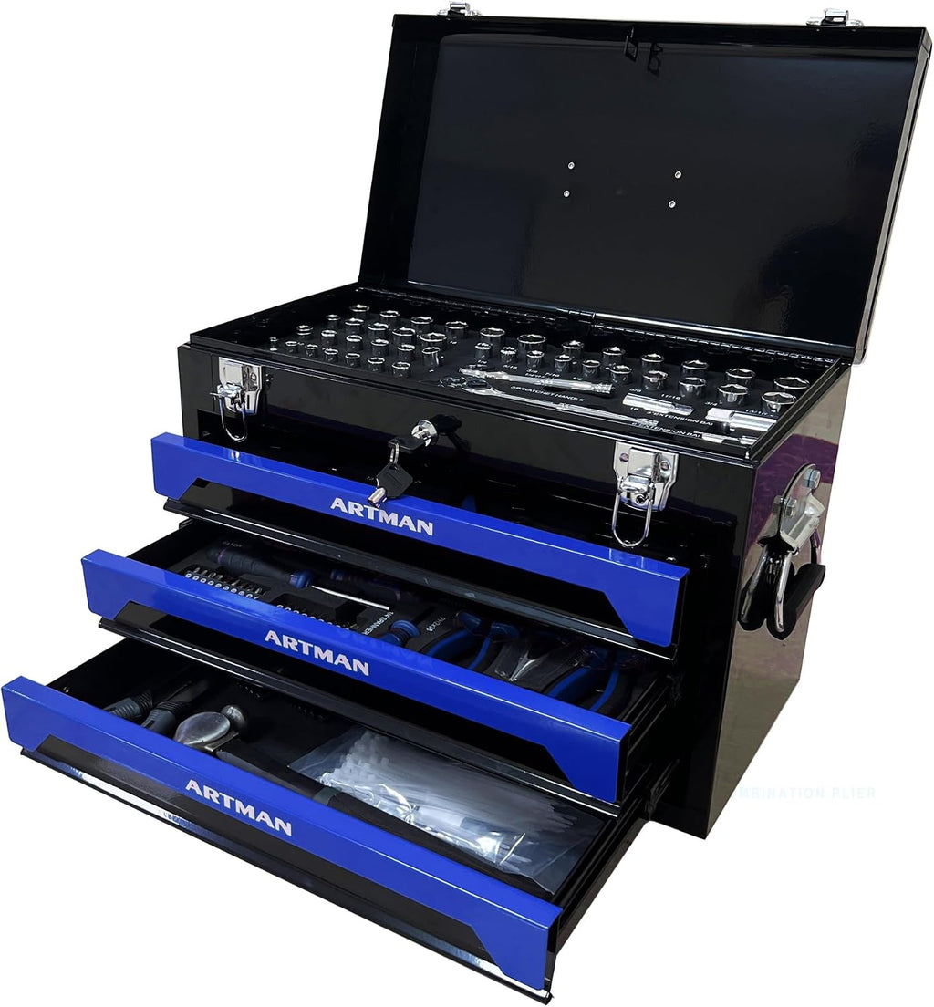 Tool Set and Mechanic Tool Set Box with Handle and 3-Drawer Heavy Duty Metal Box - 339 Piece Tool Kits for Adults Mechanics Workshop Maintenance and Repair Projects - Blue