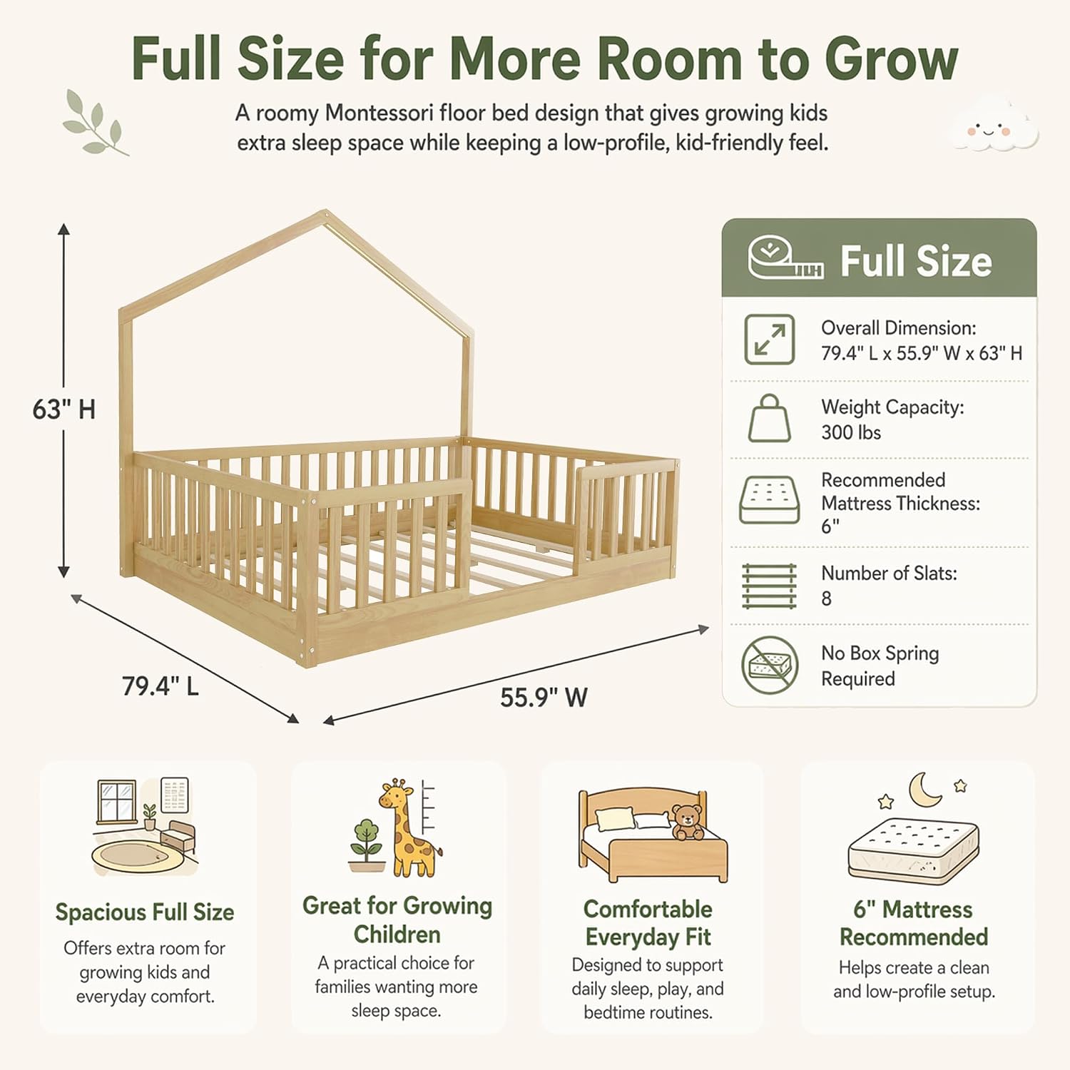 Full Size Floor Bed with High Rails, Wooden Montessori Bed Full with Light & Wood Slats, Low Profile Montessori Floor Beds for Kids, Boys & Girls, Natural