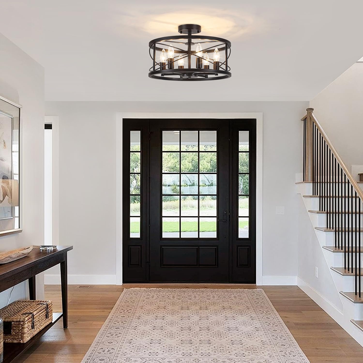 6-Light Black Semi Flush Mount Ceiling Light, 16.53'' Modern Farmhouse Close to Ceiling Light Fixtures, Ceiling Lamp for Hallway Entryway Foyer Dining Room Living Room Bedroom Kitchen Light Fixtures