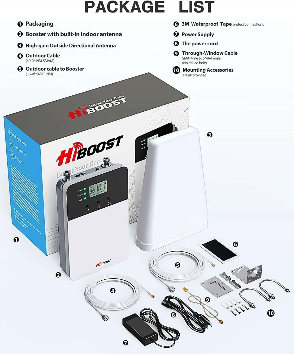 HiBoost Cell Phone Booster for Verizon, AT&T, and T Mobile-Cell Signal Booster for Home Cover Up to 4000 sq ft, Boost 4G 5G LTE on Brand 2/4/5/12/13/17, All U.S. Carriers and FCC Approved