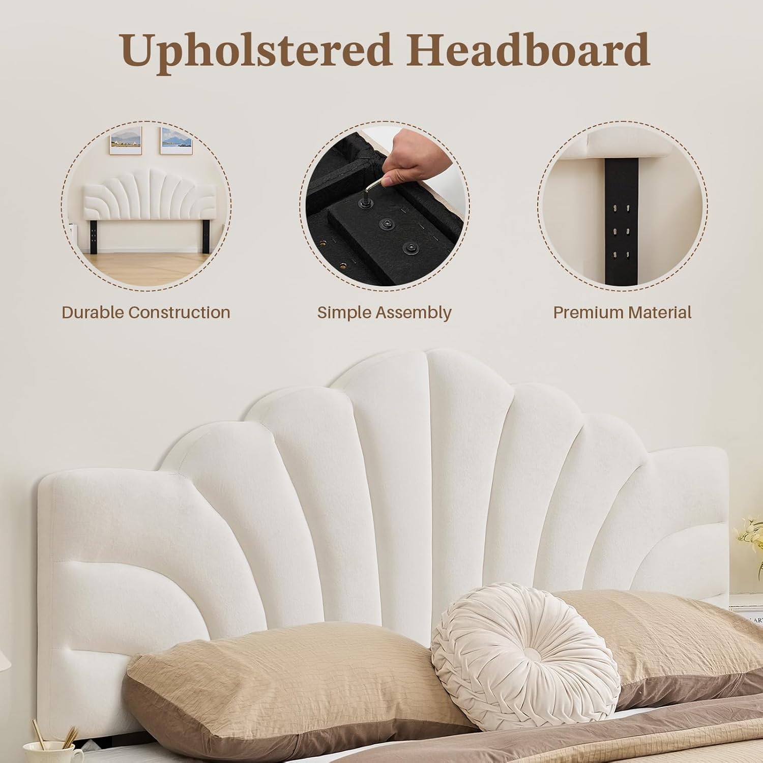 King Size Upholstered Headboard Only Adjustable Bed Headboards CA King Bed, Tiara Crown Shape Headboard with Wood Legs, Velvet Petal Head Board Wall Protector for Bedroom, White