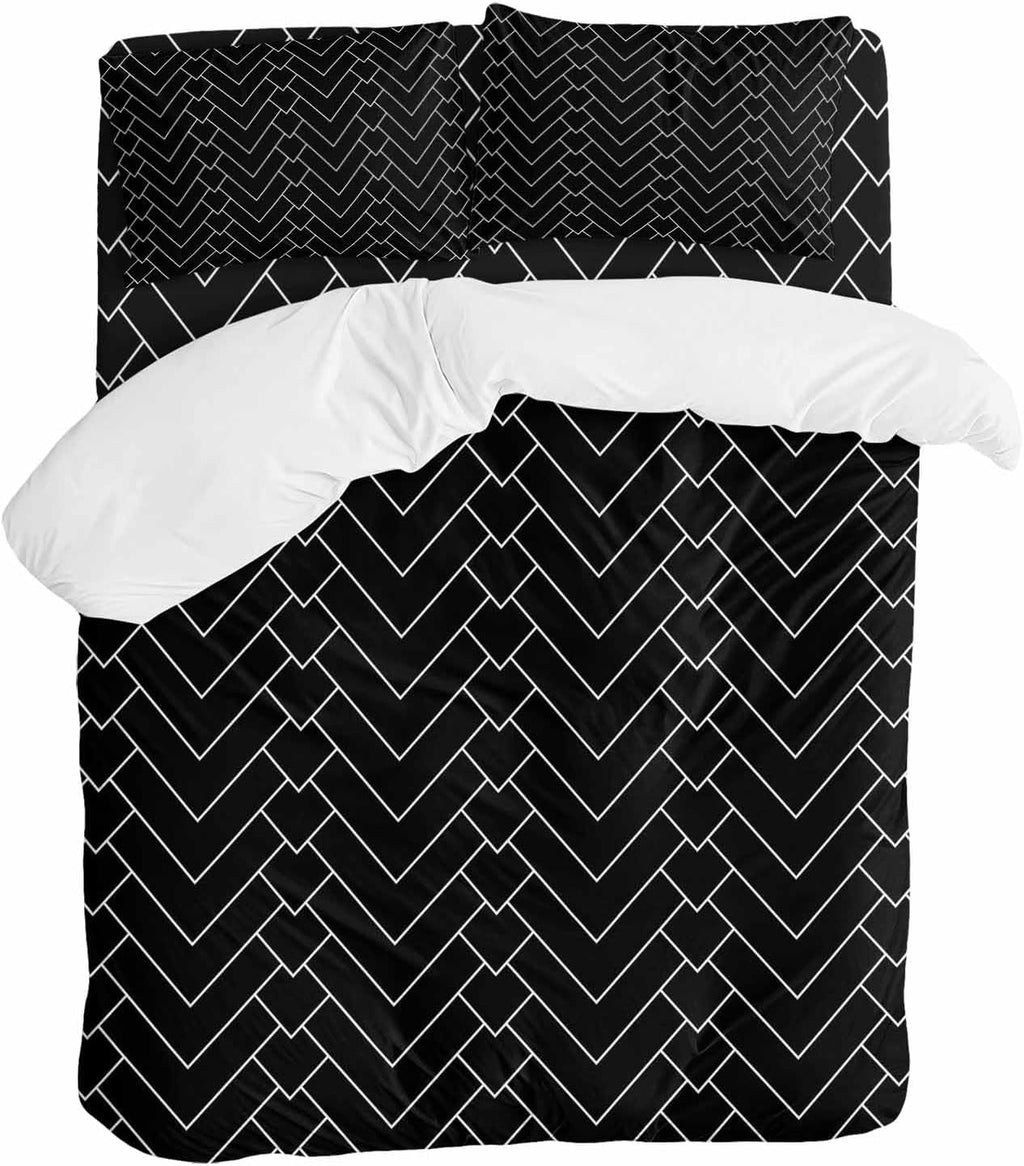 Prime Leader Abstract Line Duvet Cover Set Queen Size 4 Pieces Herringbone Black White Modern Simple Bedding Set with Zipper Closure, 1 Comforter Cover 92x106 Inches 1 Flat Sheet & 2 Pillow Cases