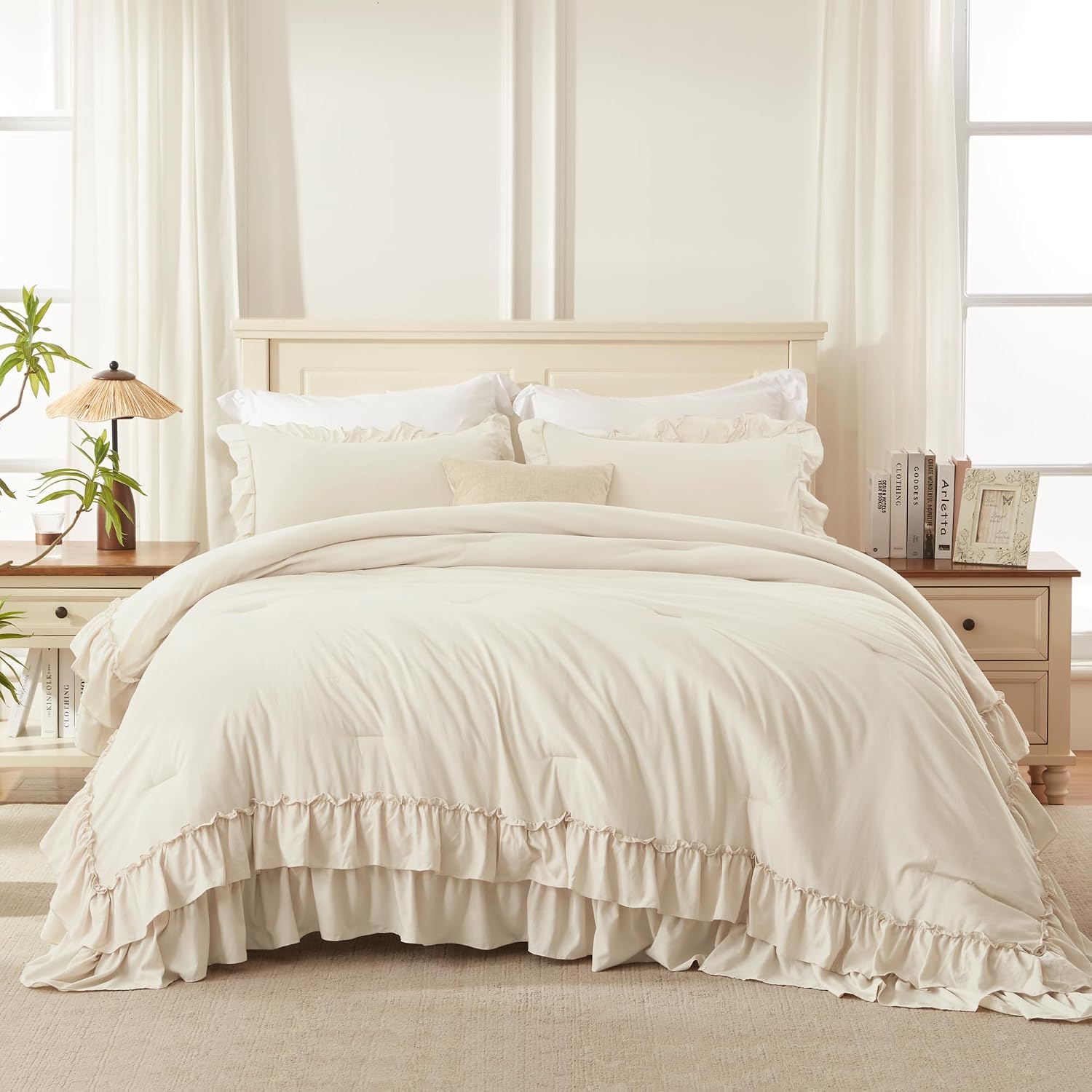 Andency Super King Ruffle Comforter Set, 3 Pieces Farmhouse Shabby Chic Bedding Set, Lightweight Soft Oversized King Comforter Set 120x120 for Girls Women (1 Comforter 2 Pillowcases), Beige