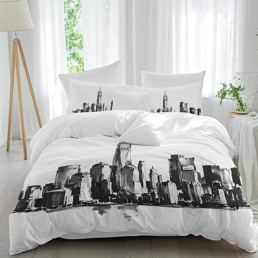 City Silhouette Duvet Cover Set Queen Size 4 Pieces Modern Minimalist Black and White Skyscraper Bedding Set with Zipper Closure, 1 Comforter Cover 90x92 Inches 1 Flat Sheet & 2 Pillow Cases
