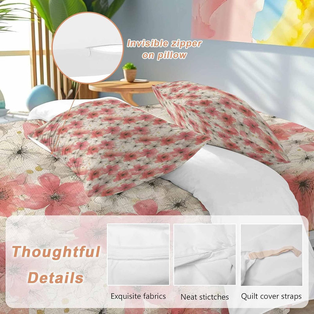Spring Florals Duvet Cover Set Queen Size 4 Pieces Red White Floral Vintage Water Ink Painting Bedding Set with Zipper Closure, 1 Comforter Cover 92x106 Inches 1 Flat Sheet & 2 Pillow Cases