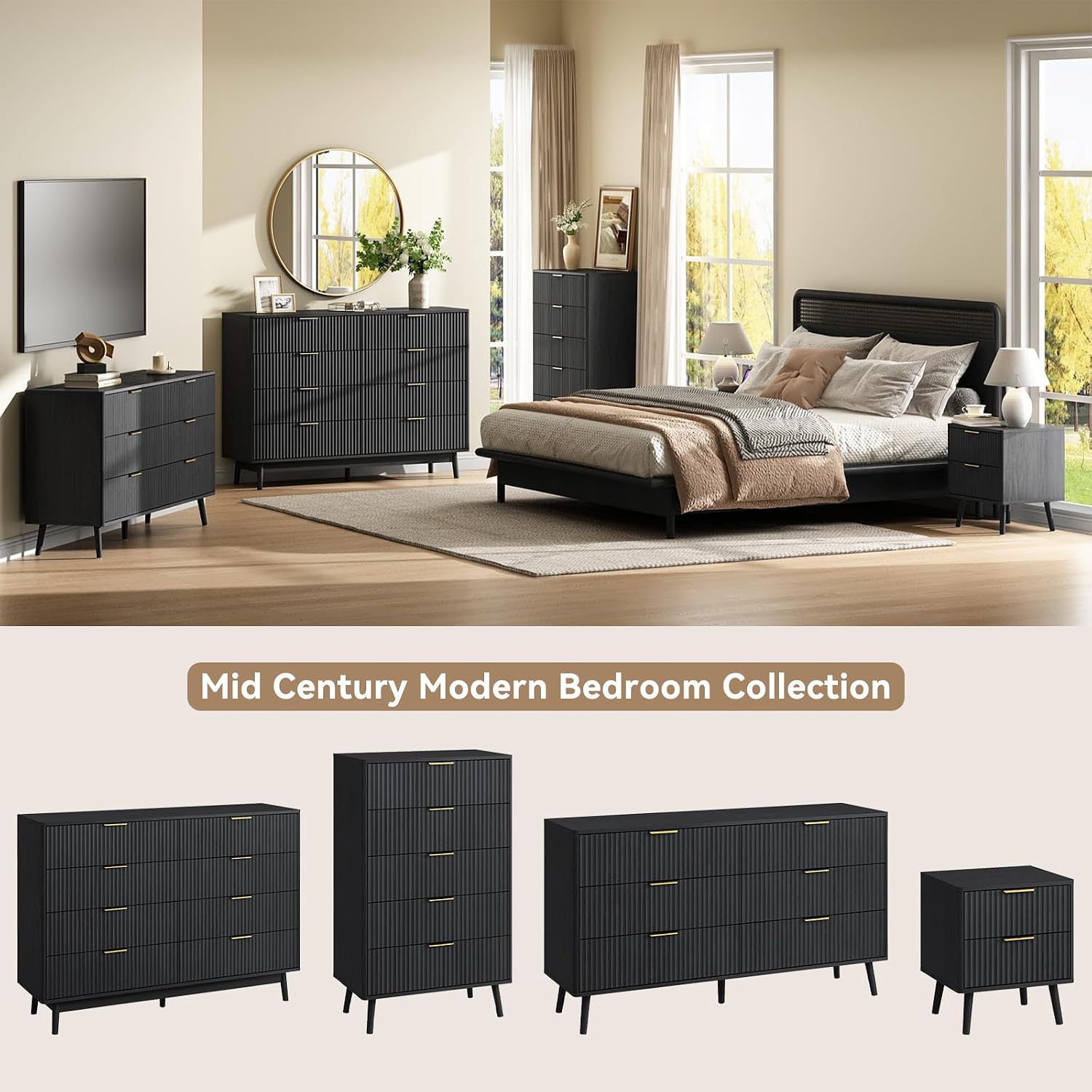 CARPETNAL Fluted Dresser and Nightstand Sets for Bedroom, 3 Pcs Bedroom Set, 6-Drawer Dresser & 2-Drawer Nightstand Set of 2, Modern Wood Chest of Drawers for Living Room, Entryway, Black