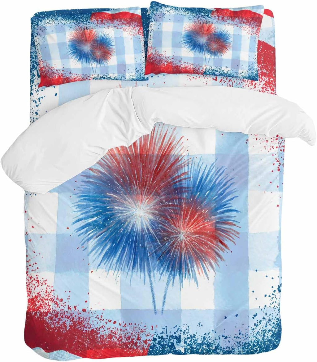 Independence Day Firework Duvet Cover Set Queen Size 4 Pieces 4th of July American Flag Blue Plaid Bedding Set with Zipper Closure, 1 Comforter Cover 92x106 Inches 1 Flat Sheet & 2 Pillow Cases