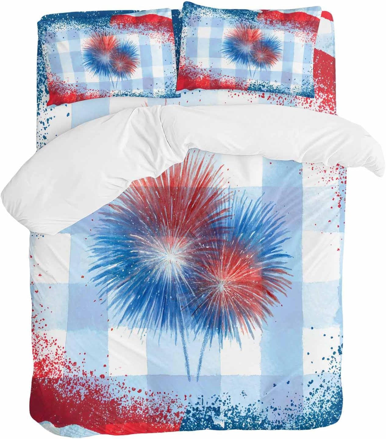Independence Day Firework Duvet Cover Set Queen Size 4 Pieces 4th of July American Flag Blue Plaid Bedding Set with Zipper Closure, 1 Comforter Cover 92x106 Inches 1 Flat Sheet & 2 Pillow Cases