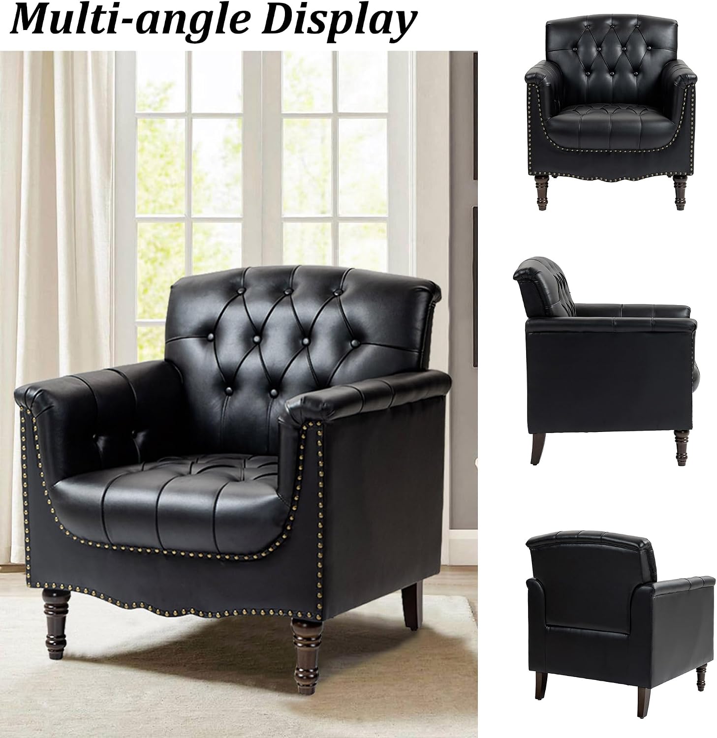 Faux Leather Accent Chair, PU Leather Modern Comfy Upholstered Armchair with Wood Legs & Nailhead Trim for Living Room, Bedroom (Black,Set of 1)
