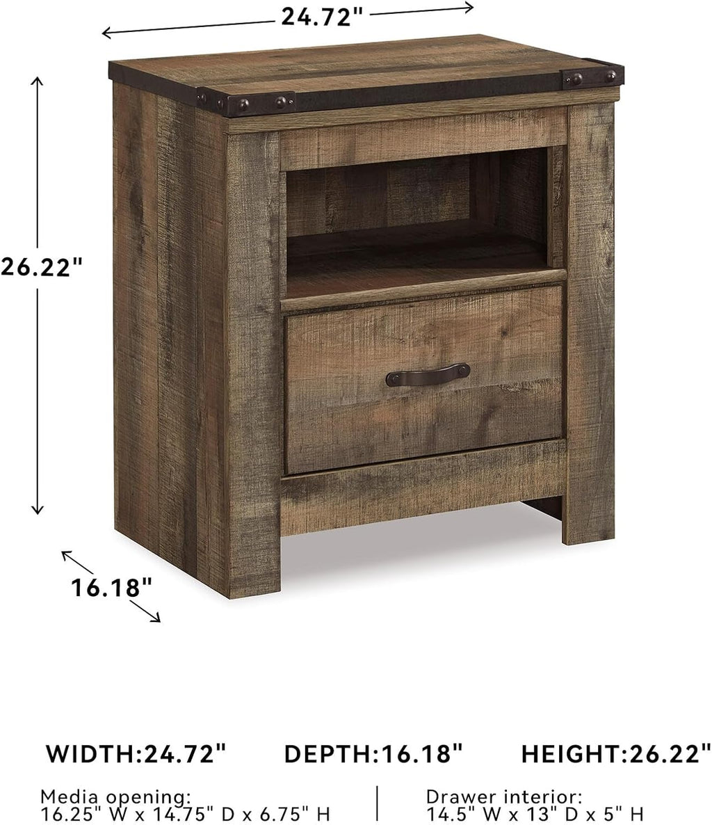 Signature Design by Ashley Trinell Rustic 1 Drawer Nightstand, USB Charing, Storage Cubby, Nailhead Accents, Wood, 24.72' W x 16.18' D x 26.22' H, Warm Brown