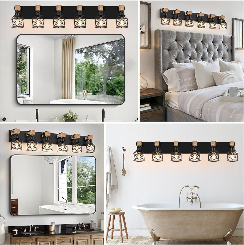 FadimiKoo 6-Light Farmhouse Bathroom Lighting Fixtures, Wood Black Vanity Lights Over Mirror, Rustic Wall Sconces Lighting with Metal Lampshade, Vintage Wall Lights for Bedroom, Living Room, Hallway