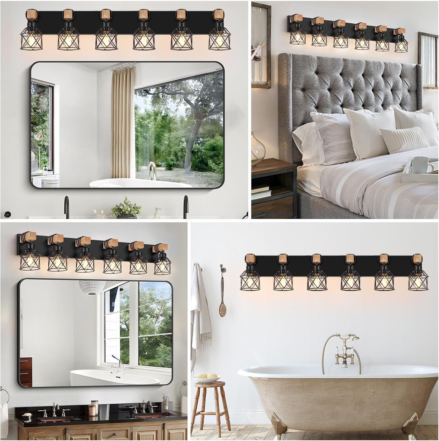 FadimiKoo 6-Light Farmhouse Bathroom Lighting Fixtures, Wood Black Vanity Lights Over Mirror, Rustic Wall Sconces Lighting with Metal Lampshade, Vintage Wall Lights for Bedroom, Living Room, Hallway
