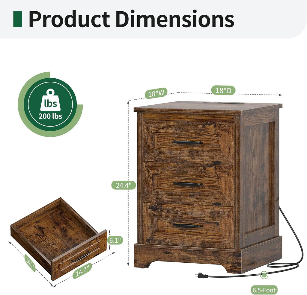 Farmhouse Nightstand with Charging Station- Wood Night Stand Set 2, 3 Drawer Nightstands Set of 2, Bedside Table with Storage, Rustic Night Stands for Bedroom, Closet, 18' Wide, 24' Tall