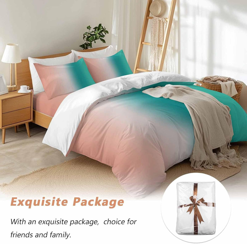 Gradient Pink Green Duvet Cover Set Queen Size 4 Pieces Modern Abstract Minimalist Orange Brown Ocean Beach Bedding Set with Zipper Closure,1 Comforter Cover 92x106 Inches 1 Flat Sheet&2 Pillow Cases