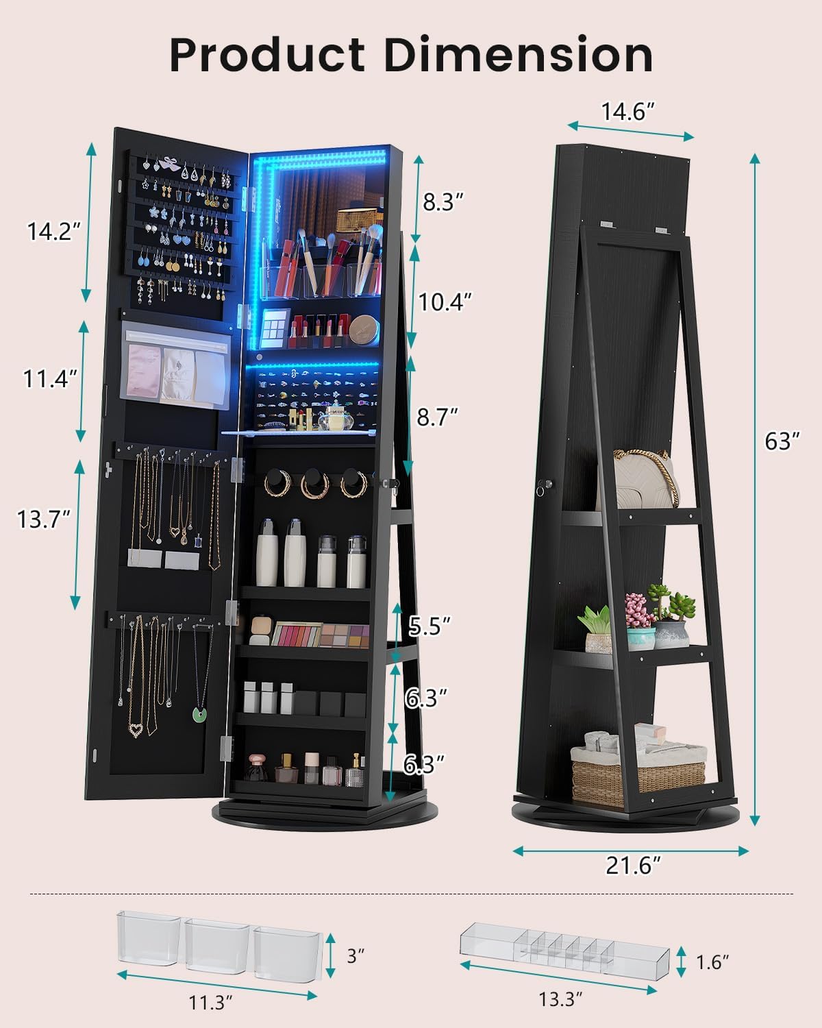 Vlsrka 360° Swivel Jewelry Cabinet with Lights, Lockable Jewelry Armoire Cabinet Standing, Full length Mirror with Storage, Space-Saving Jewelry Armoire Organizer, Gifts for Mom, Black