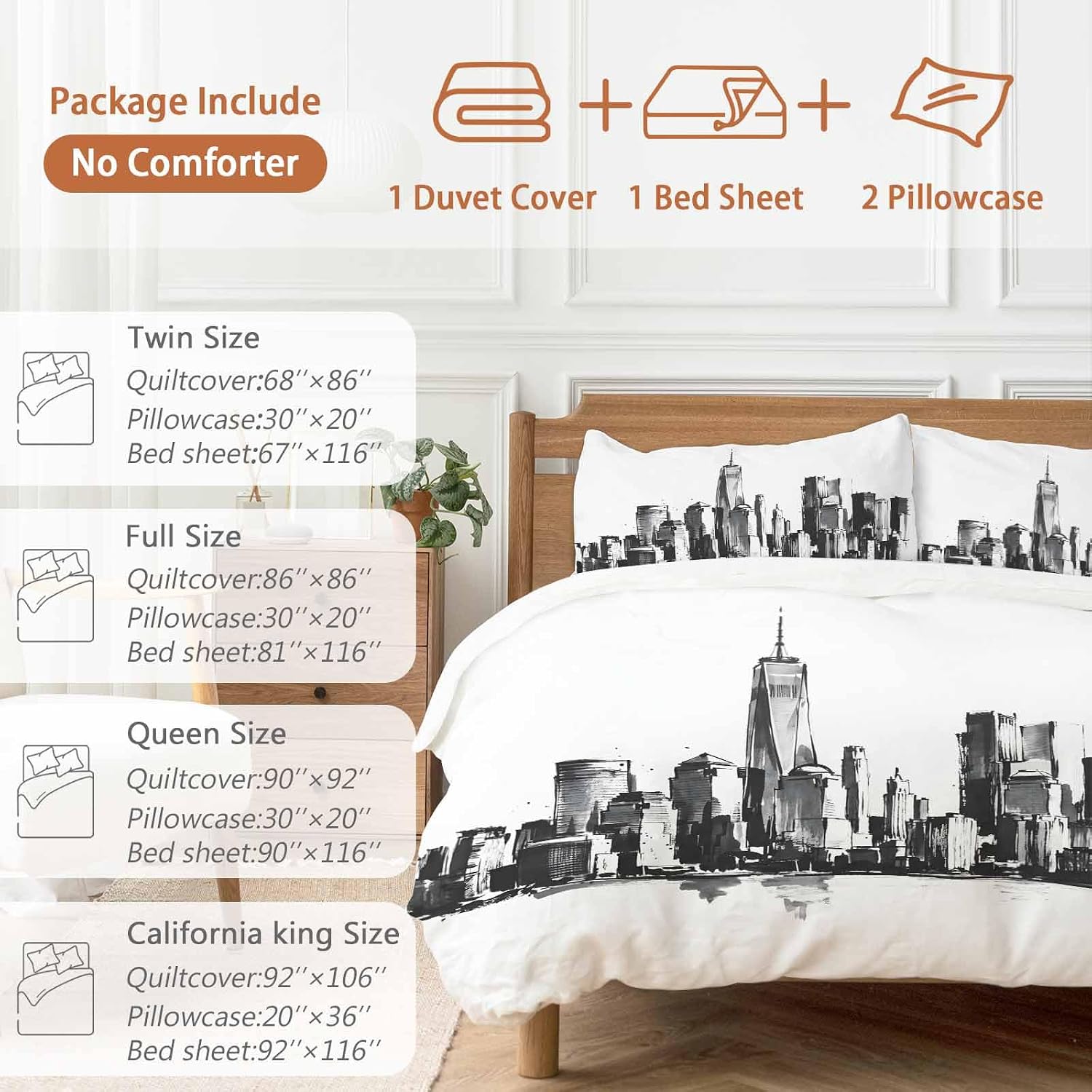 City Silhouette Duvet Cover Set Queen Size 4 Pieces Modern Minimalist Black and White Skyscraper Bedding Set with Zipper Closure, 1 Comforter Cover 86x86 Inches 1 Flat Sheet & 2 Pillow Cases