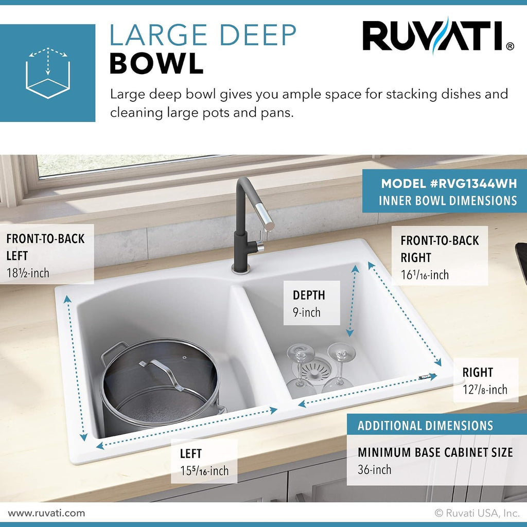 Ruvati 33 x 22 inch epiGranite Drop-in Topmount Granite Composite Quartz Double Bowl Kitchen Sink - Arctic White - RVG1344WH