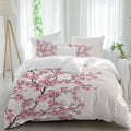 Pink Cherry Flowers Duvet Cover Set Queen Size 4 Pieces Watercolor Floral Tree Branches Linen Texture Bedding Set with Zipper Closure, 1 Comforter Cover 92x106 Inches 1 Flat Sheet & 2 Pillow Cases