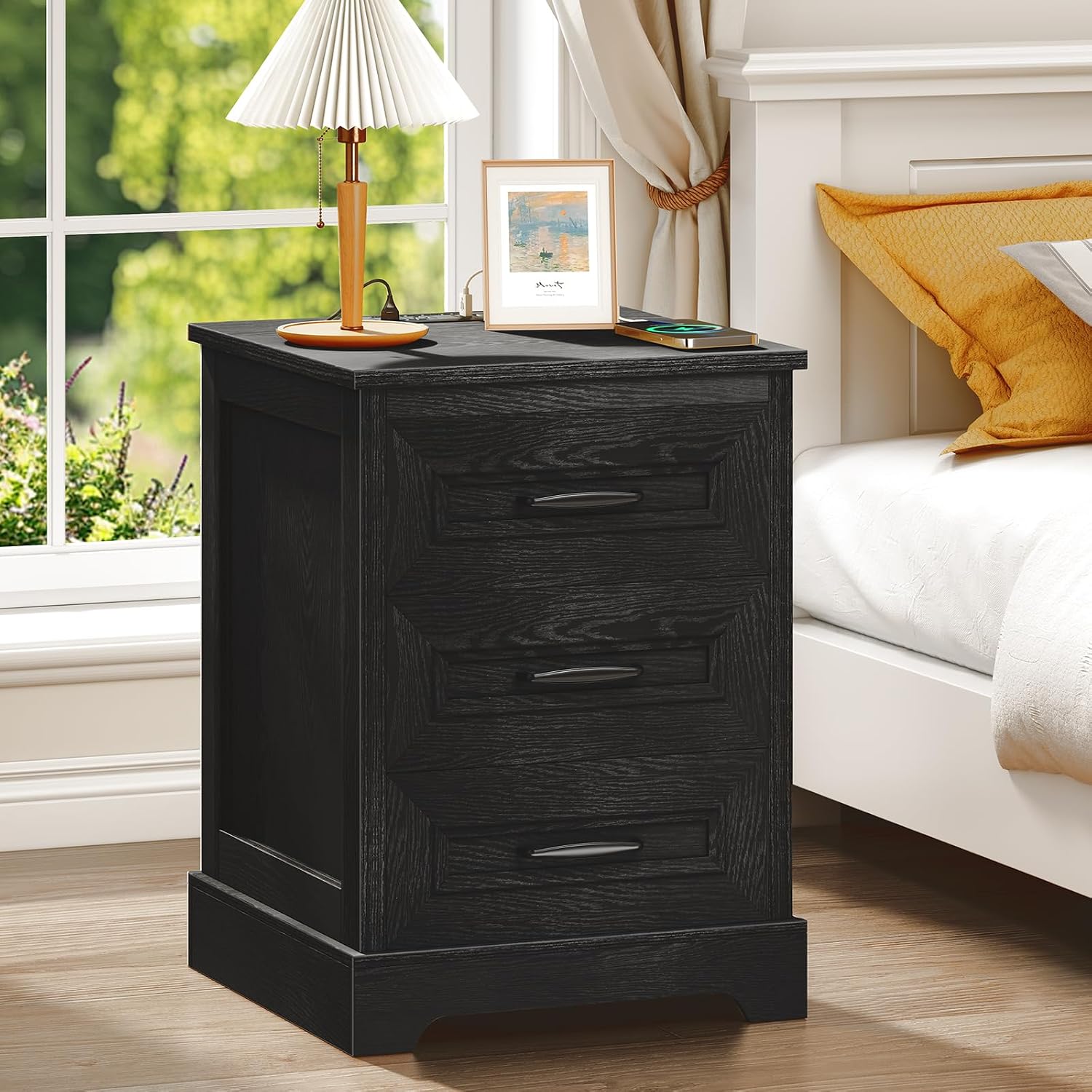 Farmhouse Nightstand with Charging Station- Wood Night Stand Set 2, 3 Drawer Nightstands Set of 2, Bedside Table with Storage, Rustic Night Stands for Bedroom, Closet, 18' Wide, 24' Tall