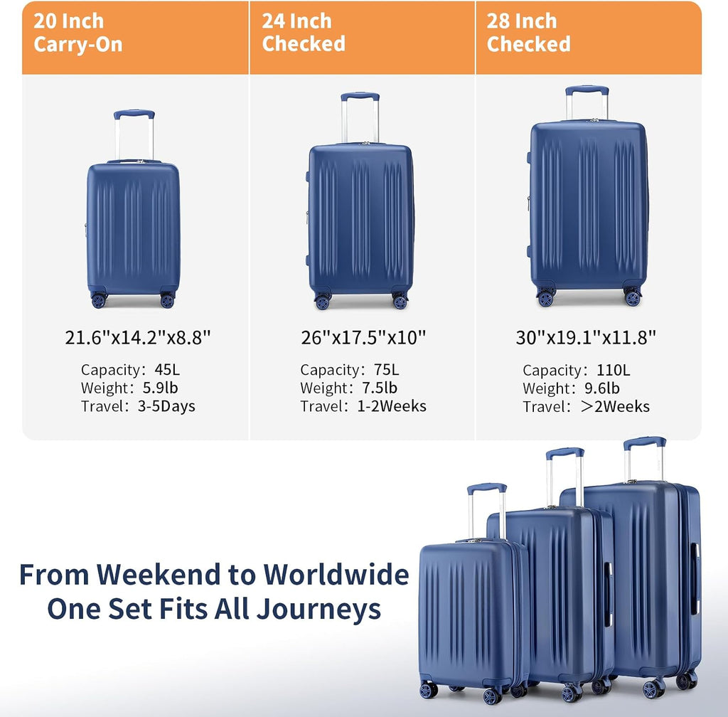 Kono Expandable Luggage 3 Piece Set Hardshell Lightweight 20in 24in 28in Carry On Suitcase with Spinner Wheels TSA Lock(Navy)