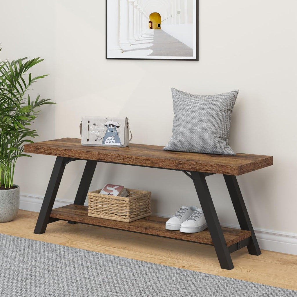 LVB Wood Bench, Industrial Storage Entryway Indoor Bench for Bedroom Hallway Living Room, Rustic Famhouse Wooden Metal Shoe Rack Accent Foyer Bench Seat for Entrance Sitting, Rustic Brown, 47 in Long