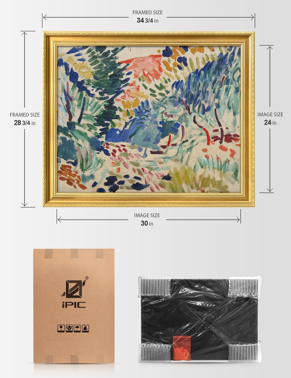 IPIC - In Landscape at Collioure by Henri Matisse, Framed Giclee Print on Canvas, Classic Wall Art with Gold Frame for Living Room or Bedroom, Image: 30x24, Total: 34.8 x 28.8, Made in USA
