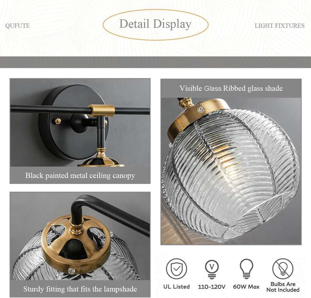 Black Bathroom Light Fixtures 3-Lights Vintage Vanity Wall Sconce Over Mirror with Ribbed Smoky Gray Globe Shade Mid Century Modern Lights Fixture Art Deco Farmhouse Vanity Lighting