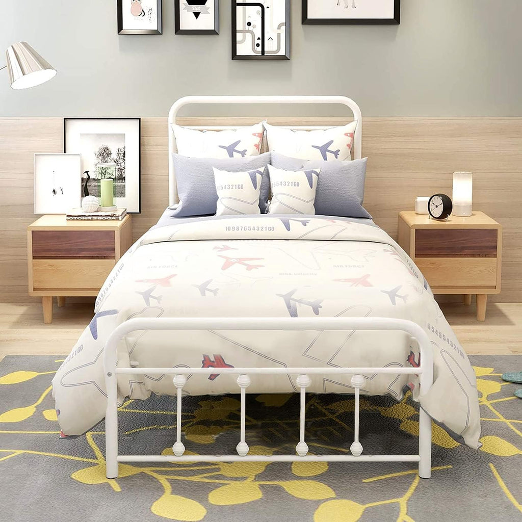 VECELO Twin Size Victorian Style Metal Bed Frame with Headboard Classic Metal Platform Bed Frame Mattress Foundation with Victorian Style Footboard/Under Bed Storage/No Box Spring Classic White