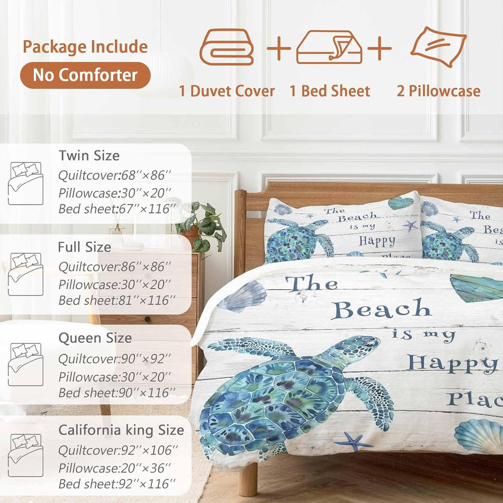 Blue Sea Turtle Duvet Cover Set Queen Size 4 Pieces Beach Happy Place Seashell Starfish Retro Wood Grain Bedding Set with Zipper Closure, 1 Comforter Cover 92x106 Inches 1 Flat Sheet & 2 Pillow Cases