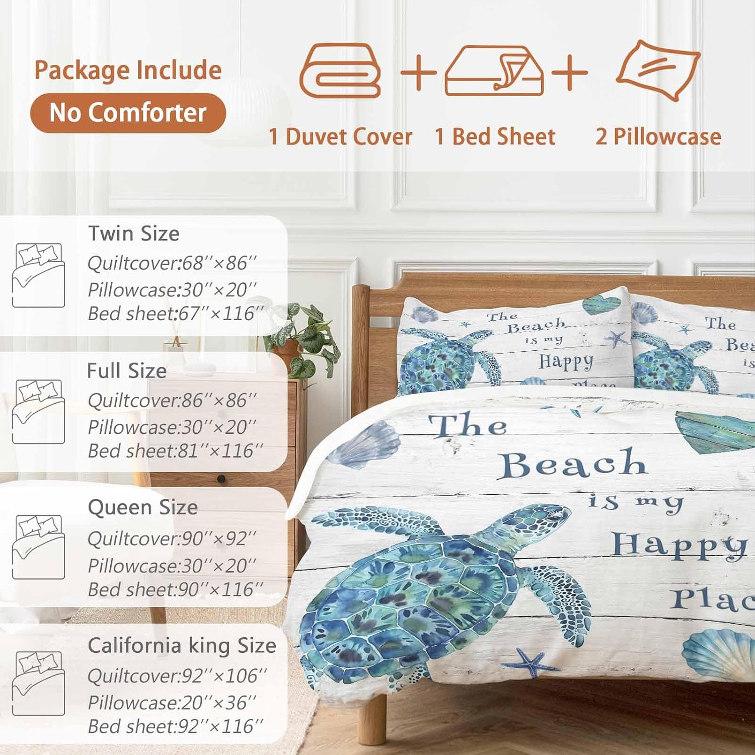 Blue Sea Turtle Duvet Cover Set Queen Size 4 Pieces Beach Happy Place Seashell Starfish Retro Wood Grain Bedding Set with Zipper Closure, 1 Comforter Cover 92x106 Inches 1 Flat Sheet & 2 Pillow Cases