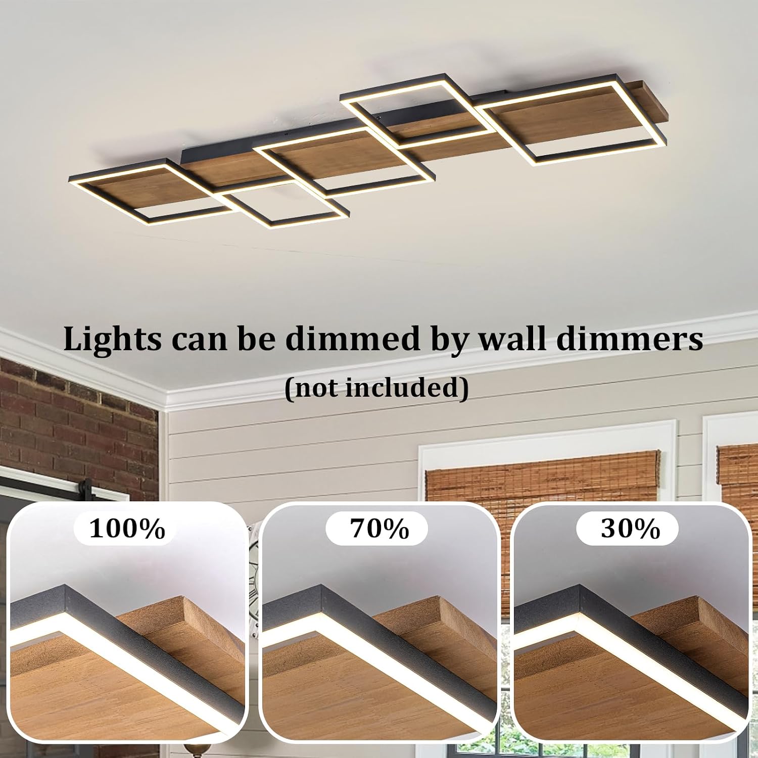 Lingkai 47.2' LED Modern Ceiling Lights Wooden Square Rectangular Lamp Fixture Wood,Large Modern Kitchen Ceiling Lighting Fixtures 3000K for Island Bedroom Living Room Hallways