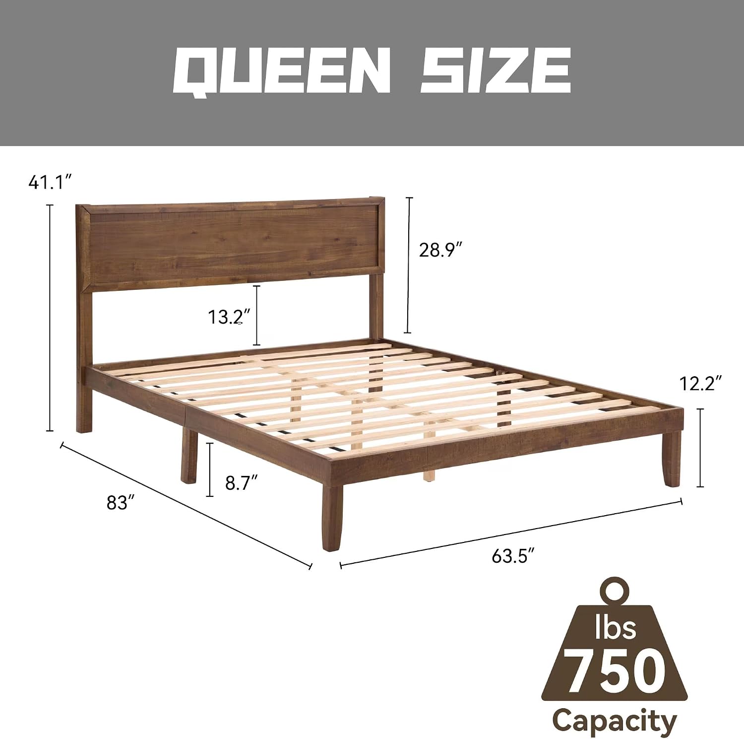 Full Size Solid Wood Platform Bed Frame - Premium Rubber Wood Reinforced Thickened Support, Load-Bearing, Modern Headboard Design, Tool-Free Assembly Bedroom Furniture Set,Brown (Queen)