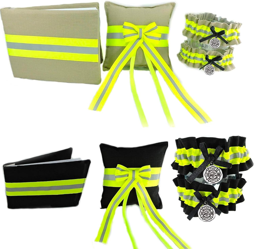 Firefighter Wedding Set, Two Garters, Guestbook, Ring Bearer Pillow, Tan Bunker Gear Look