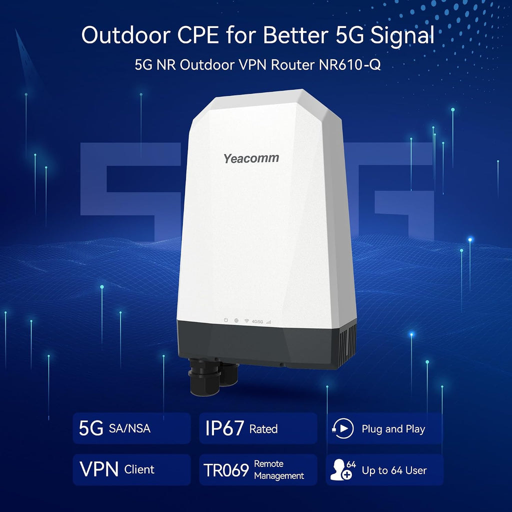 5G Outdoor Router IP67 Waterproof, 5G NR SA/NSA Modem Outdoor CPE with Dual Sim Card Slots Gateway/Bridge/Wireless,Qualcomm SDX62,4 x 4 MIMO,802.3af POE,Band Lock,VPN,Global Version