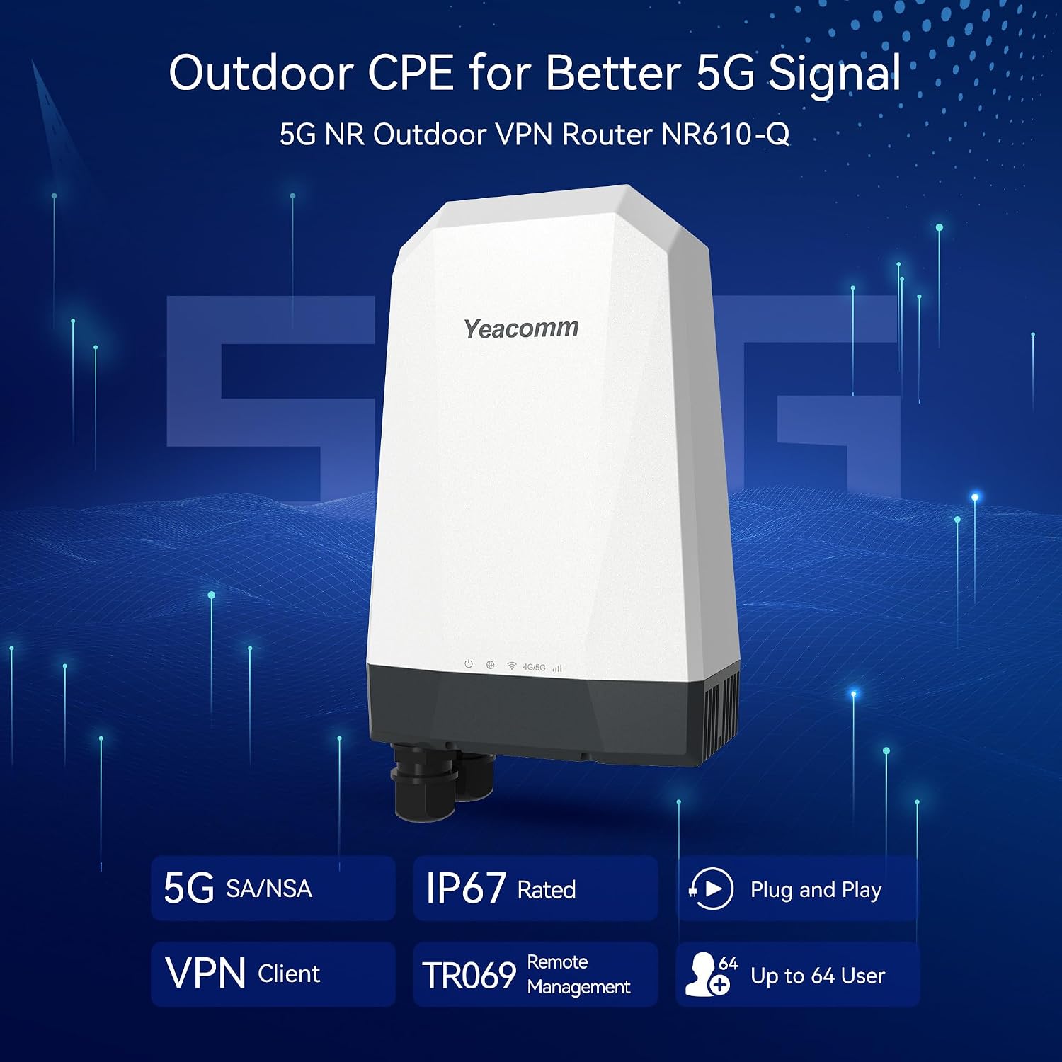 5G Outdoor Router IP67 Waterproof, 5G NR SA/NSA Modem Outdoor CPE with Dual Sim Card Slots Gateway/Bridge/Wireless,Qualcomm SDX62,4 x 4 MIMO,802.3af POE,Band Lock,VPN,Global Version